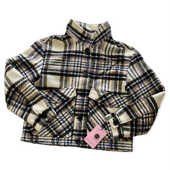 Avec Les Filles Brushed Plaid Bone & Black Oversized Button Up Coat Jacket M - Picture 3 of 11